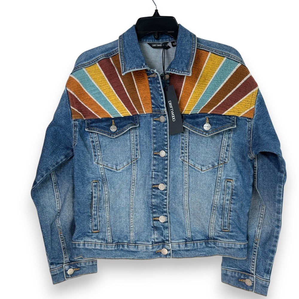 NWT Driftwood Sunburst Embroidered Denim Jacket Womens Small Blue Retro Boho 70s